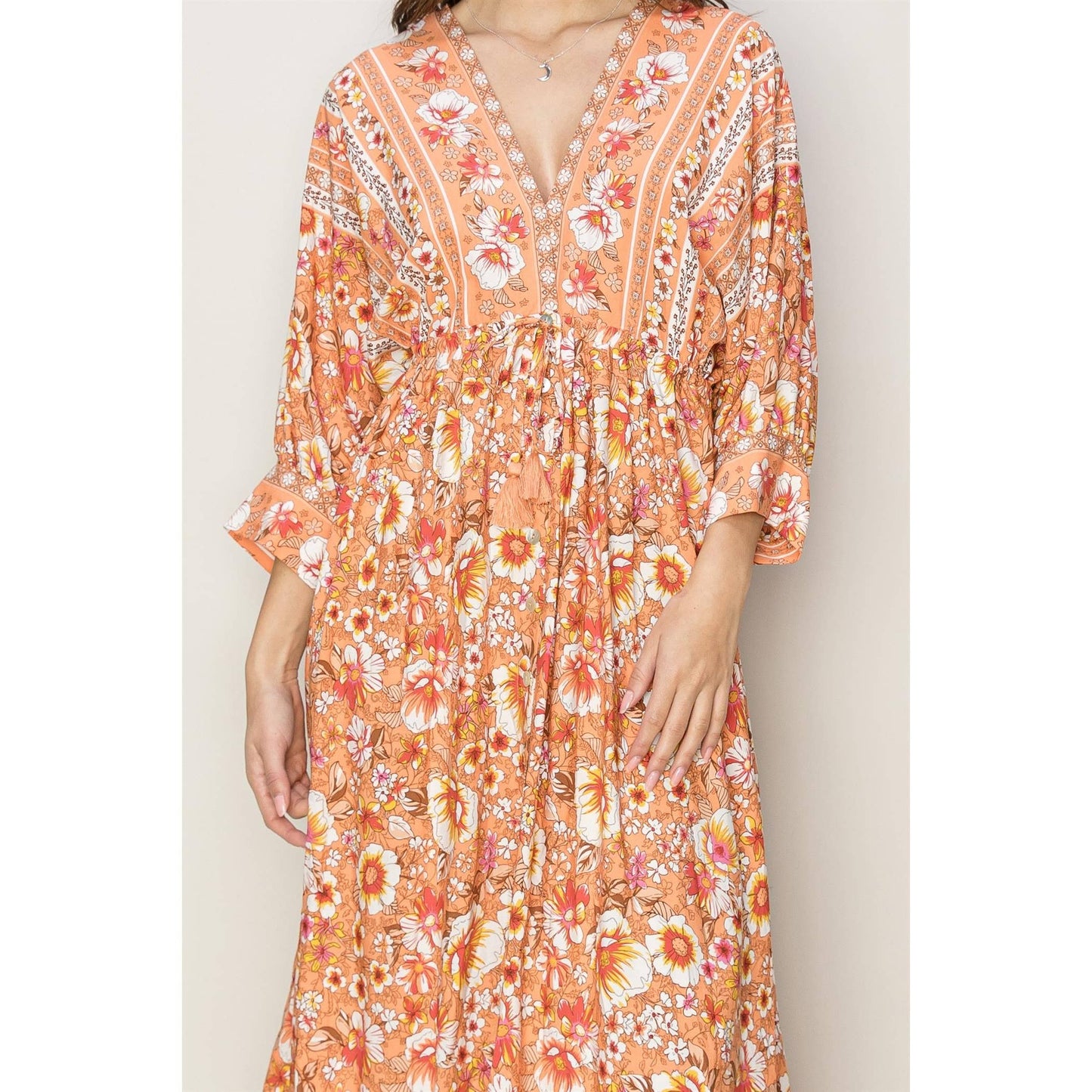 FLORAL PRINT BUTTON-DOWN MAXI DRESS IN APRICOT