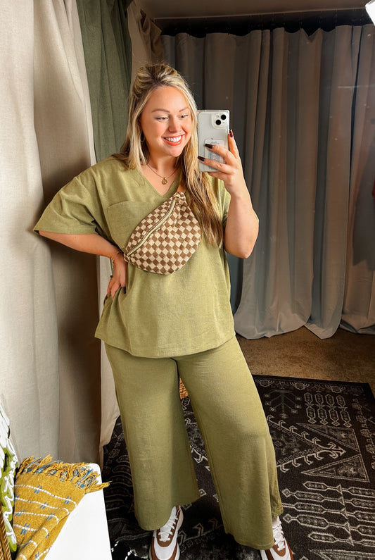 Casual Two Piece Tee & Flare Set in Bright Olive