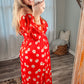 Red Floral Smocked Midi Dress with Sleeves