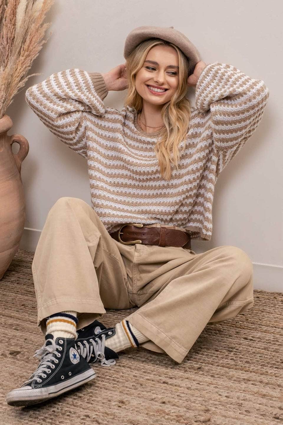 STRIPED KNIT PULLOVER: TAUPE
